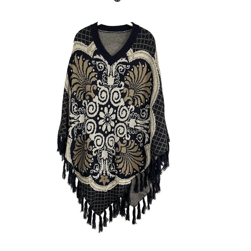 Floral Knit Poncho Sweater OS Black Shawl Tassel Retro 80s Western Artsy Classic